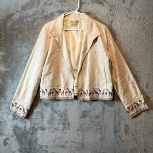 Transitions 100% Linen Giraffe Print Cropped Light Jacket Western Folk Art Large